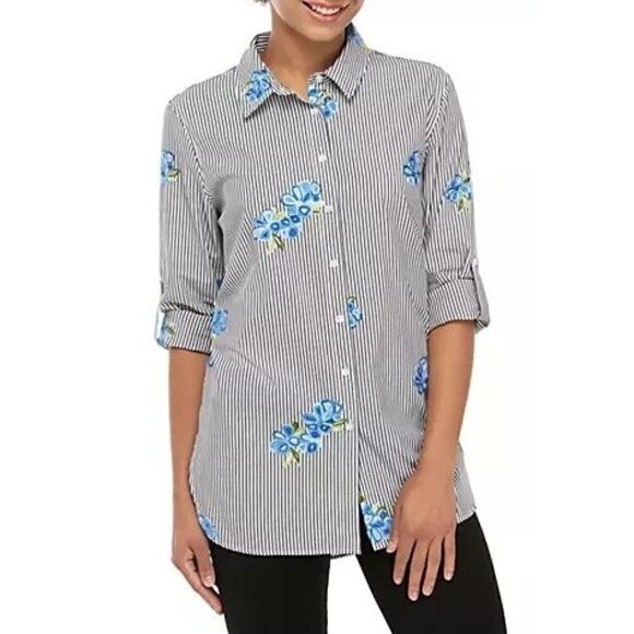 Calvin Klein Floral Embroidered Stripe Boyfriend Long Sleeve Button Down XS - Picture 1 of 5